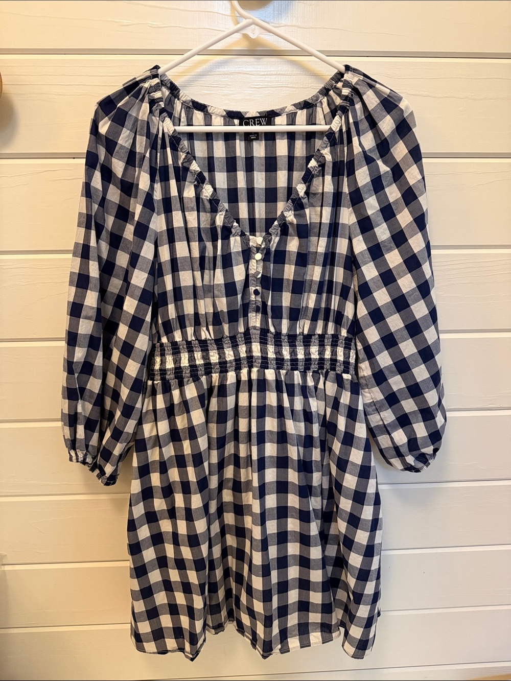 J. Crew Navy and White Gingham Smocked-Waist Peasant Dress